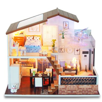 Wooden diy mini doll house with furniture (5)